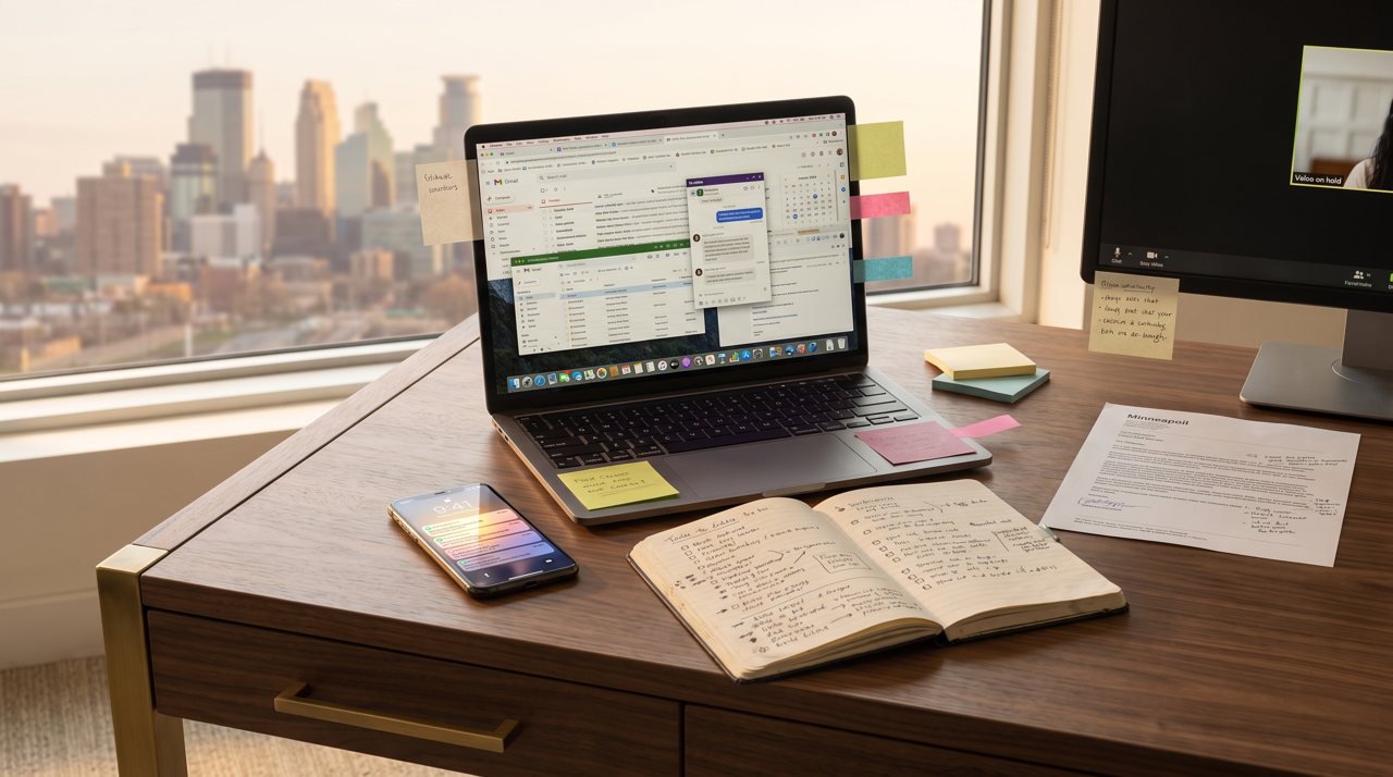 The desk before: one job carried in your head across a dozen disconnected apps, tabs and notes